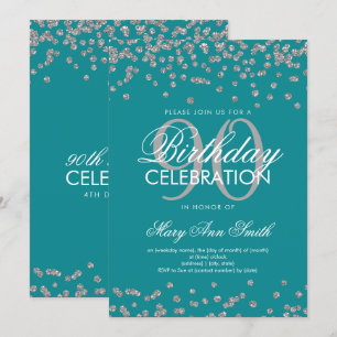 Invitación Confetti, Purpurina de cumpleaños 90, Verde azulad