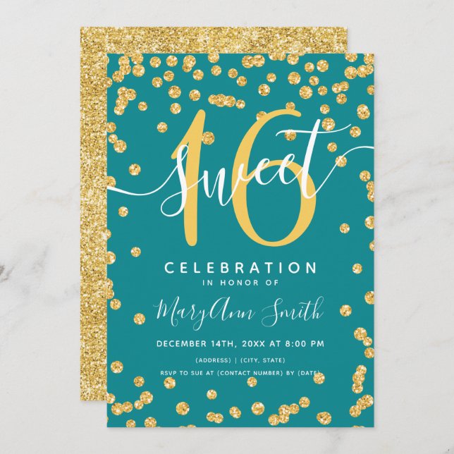 Invitación Confetti, Purpurina de Glam Gold, 16 años Verde az (Anverso / Reverso)