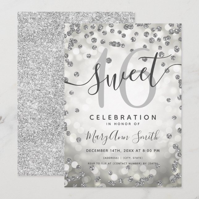 Invitación Confetti, Purpurina de las Luces de Plata, 16º cum (Anverso / Reverso)