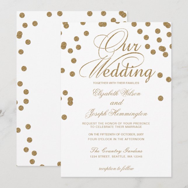 Invitación Confetti Purpurina de oro blanco elegante matrimon (Anverso / Reverso)