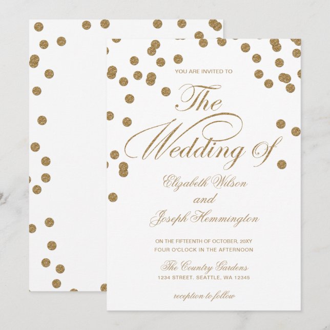 Invitación Confetti Purpurina de oro blanco elegante matrimon (Anverso / Reverso)