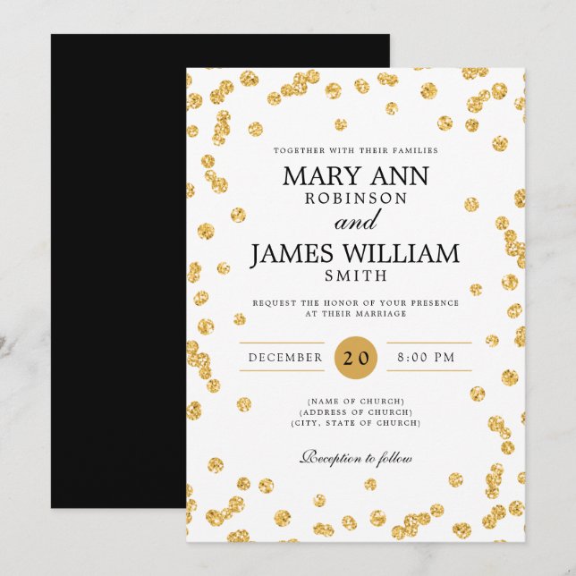 Invitación Confetti Purpurina de oro de la boda moderna y ele (Anverso / Reverso)