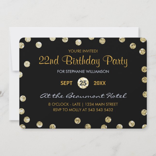 Invitación Confetti Purpurina de oro de la fiesta de cumpleañ (Anverso)