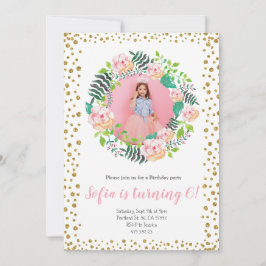 Invitación Confetti Purpurina de oro floral rosa | Cumpleaños