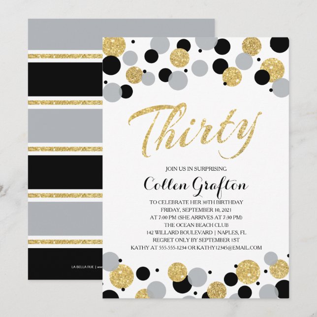 Invitación Confetti, Purpurina de oro gris negro, cumpleaños  (Anverso / Reverso)
