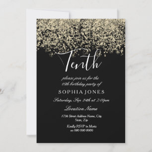 Invitación Confetti, Purpurina de oro negro, 10 cumpleaños