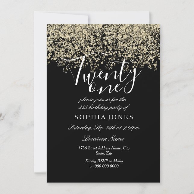 Invitación Confetti, Purpurina de oro negro, fiesta de 21 año (Anverso)
