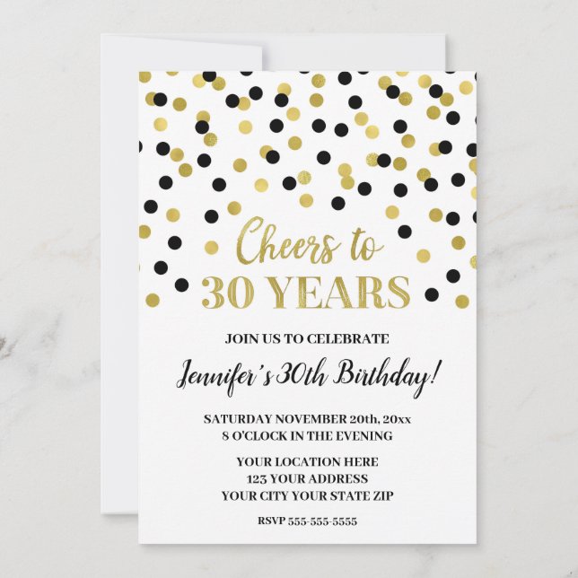 Invitación Confetti, Purpurina de oro negro, viaja a 30 años (Reverso)