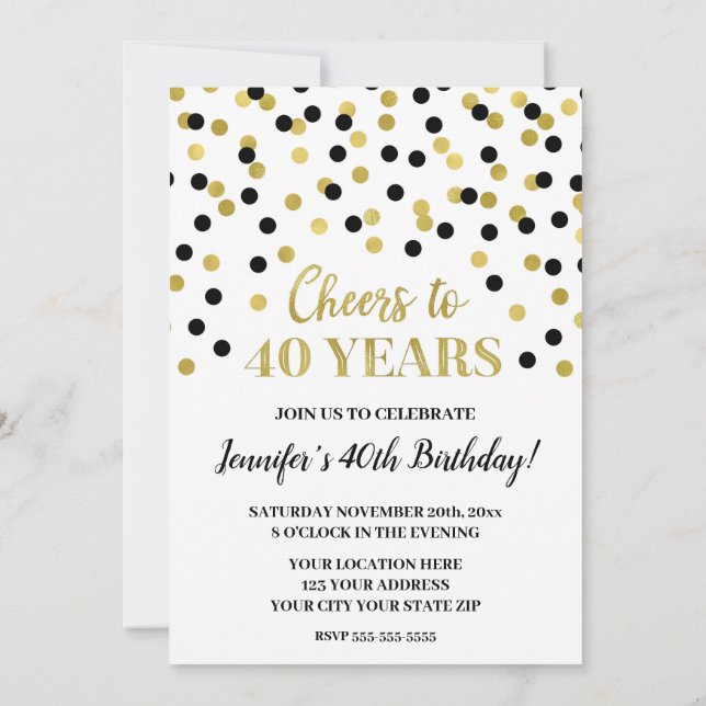 Invitación Confetti Purpurina de oro negro viaja a 40 años (Reverso)