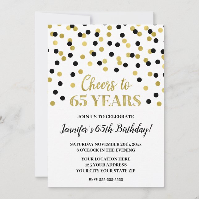 Invitación Confetti, Purpurina de oro negro, viaja a 65 años (Reverso)
