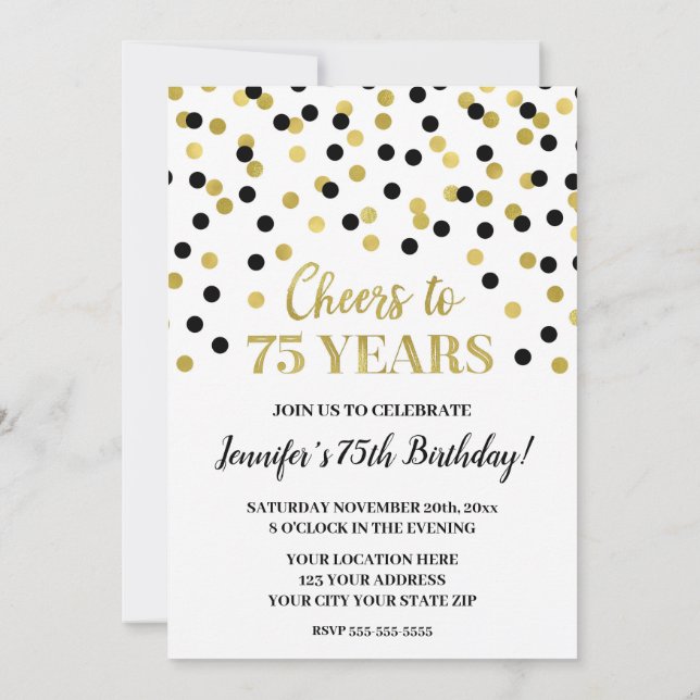 Invitación Confetti Purpurina de oro negro viaja a 75 años (Reverso)