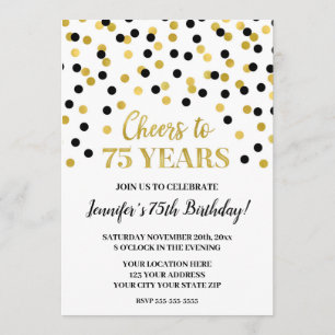 Invitación Confetti Purpurina de oro negro viaja a 75 años