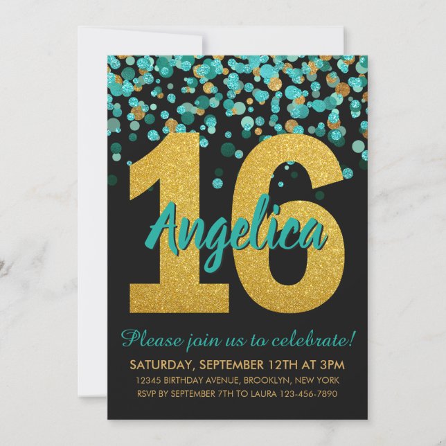 Invitación Confetti, Purpurina de oro verde azulado, dulce ne (Anverso)