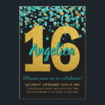 Invitación Confetti, Purpurina de oro verde azulado, dulce ne<br><div class="desc">Un lindo y divertido Verde azulado Purpurina de Oro Verde Negro Confetti Sweet 16 16th Birthday Party Invitation</div>