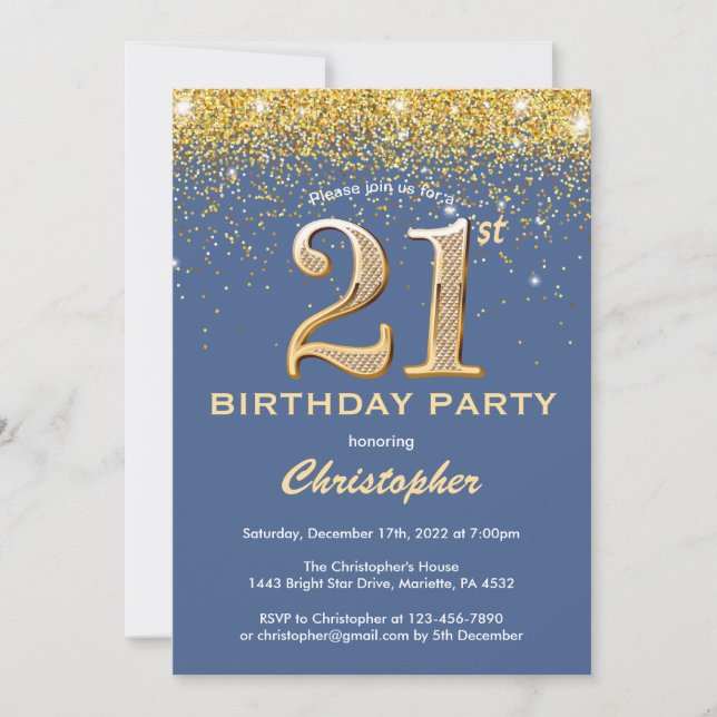 Invitación Confetti, Purpurina de oro y azul de cumpleaños 21 (Anverso)