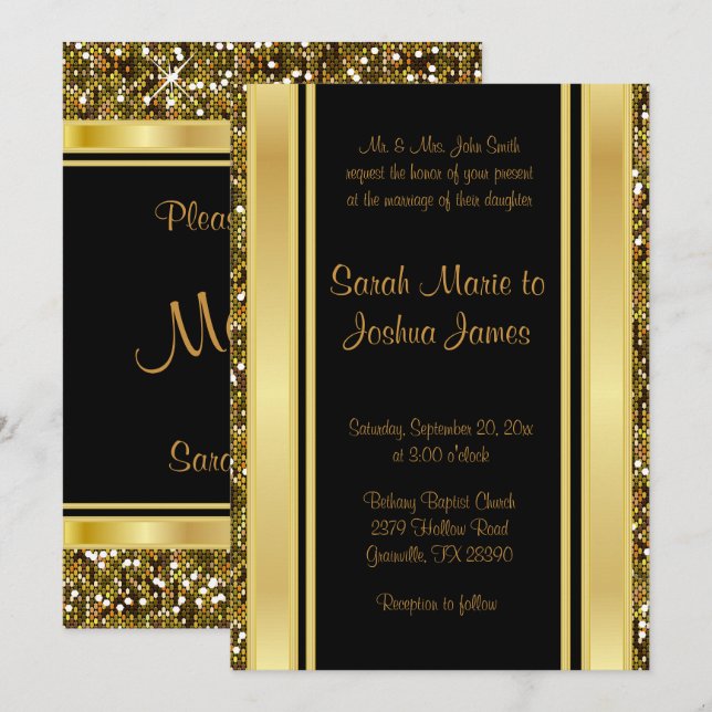 Invitación Confetti Purpurina de oro y elegancia negra (Anverso / Reverso)