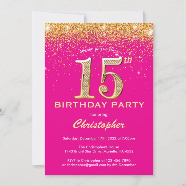 Invitación Confetti Purpurina de oro y rosado caliente de 15  (Anverso)
