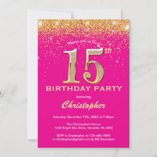 Invitación Confetti Purpurina de oro y rosado caliente de 15