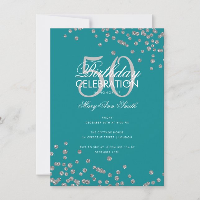 Invitación Confetti Purpurina de Plata de Cumpleaños Verde az (Anverso)