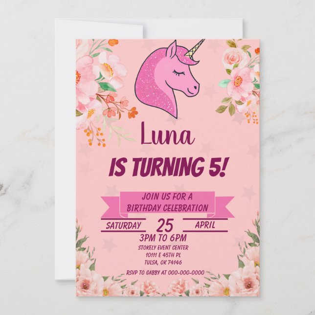 Invitación Confetti, Purpurina de Unicornio Rosado (Anverso)