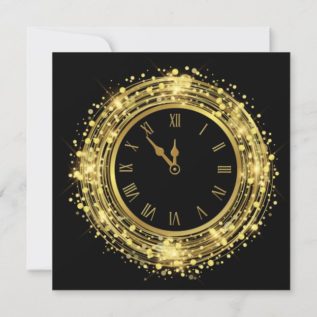Invitación Confetti, Purpurina del reloj de Nochevieja (Reverso)