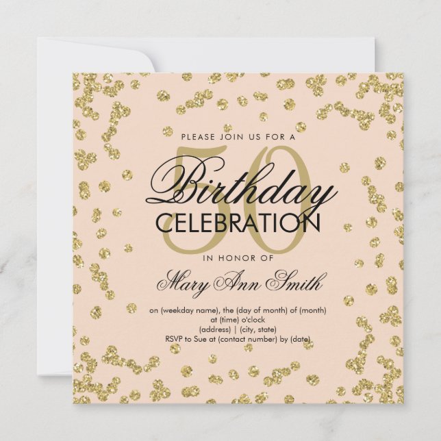 Invitación Confetti Purpurina elegante Gold Rubor 50 cumpleañ (Anverso)
