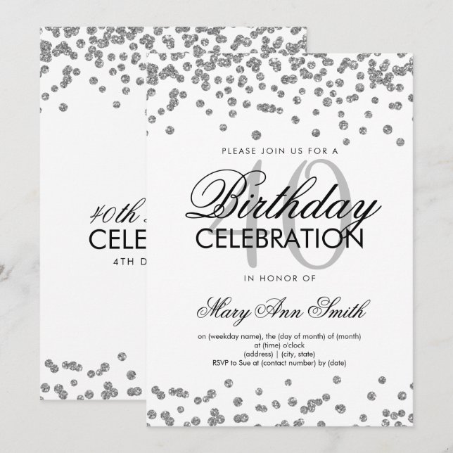 Invitación Confetti, Purpurina Fiesta de cumpleaños 40 de Sil (Anverso / Reverso)