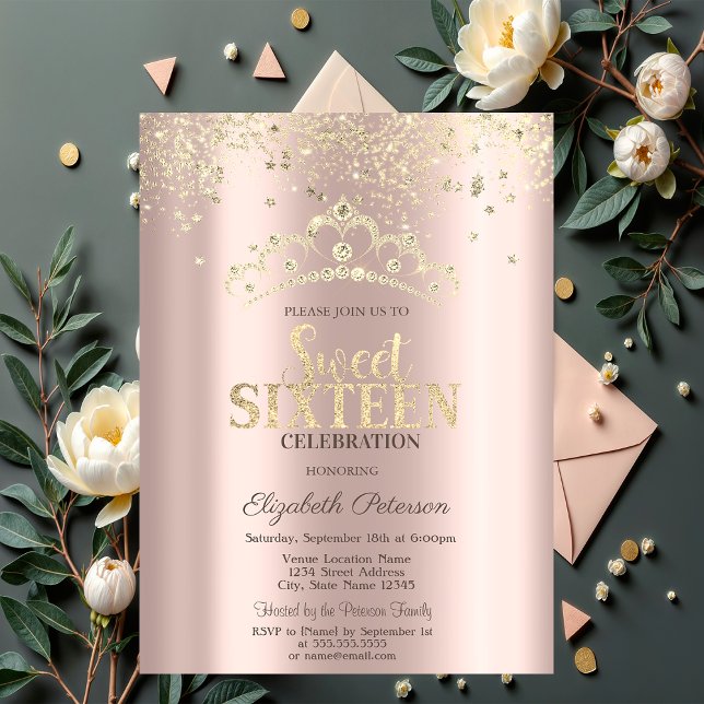 Invitación Confetti Purpurina moderno, dulce de oro Rosa de l (Subido por el creador)