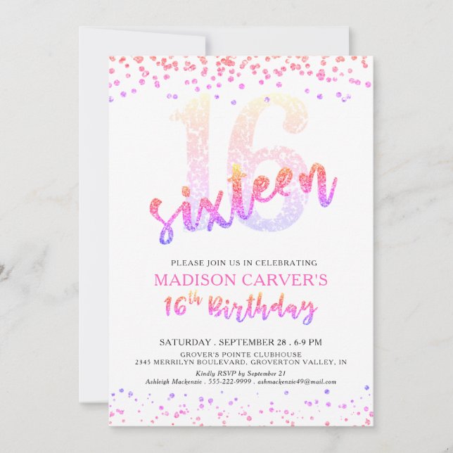 Invitación Confetti, Purpurina morado rosado de 16 años, Girl (Anverso)