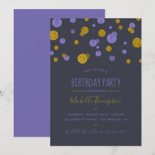Invitación Confetti, Purpurina morado y dorado, fiesta de cum (Anverso / Reverso)