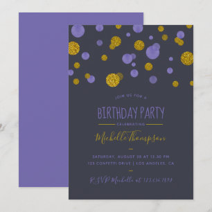 Invitación Confetti, Purpurina morado y dorado, fiesta de cum