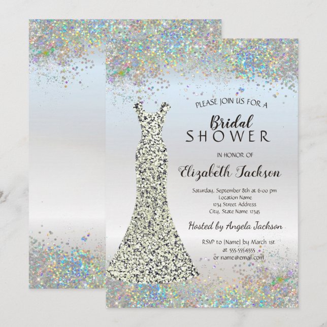 Invitación Confetti, Purpurina plateado, ducha de novia (Anverso / Reverso)