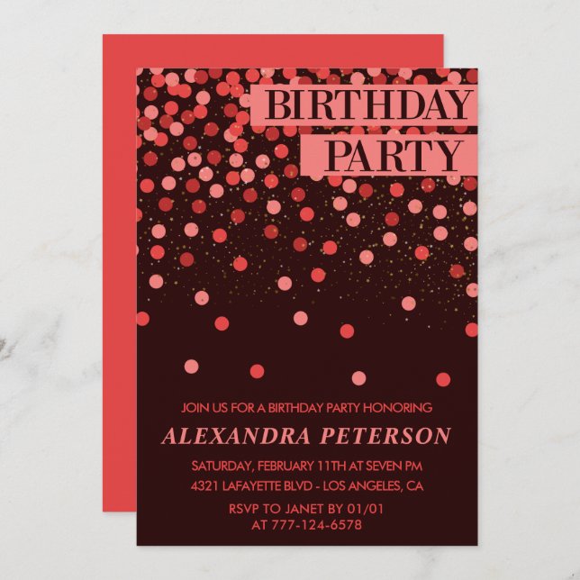 Invitación Confetti, Purpurina Rojo Negro, 54 años (Anverso / Reverso)