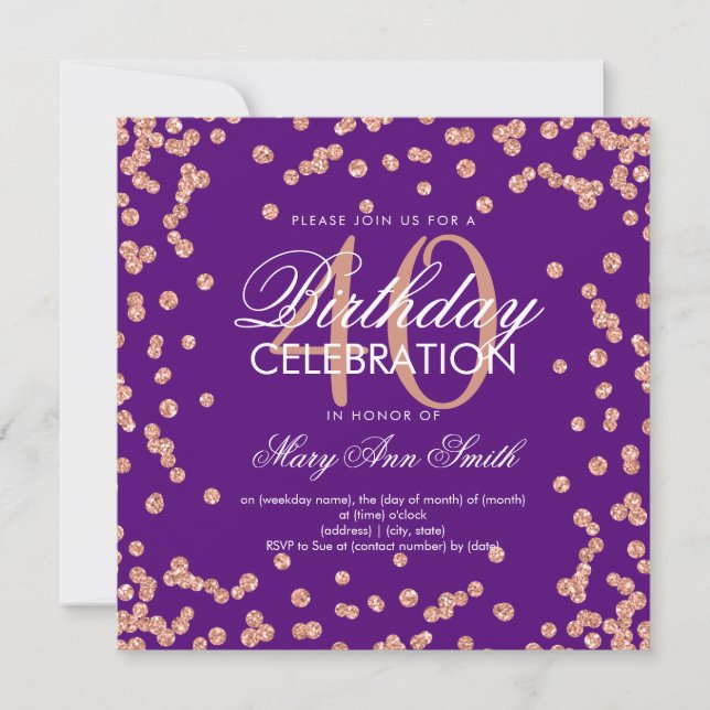Invitación Confetti, Purpurina Rosa de oro morado, 40 años (Anverso)