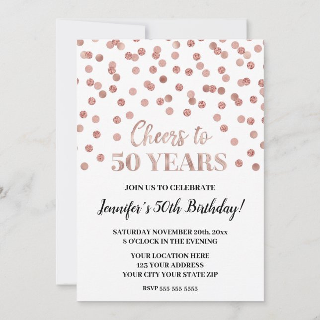 Invitación Confetti, Purpurina Rosa de oro, viaja a 50 años (Reverso)