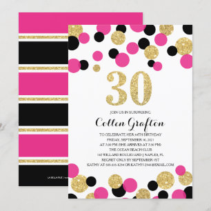 Invitación Confetti, Purpurina rosado, negro y dorado, cumple