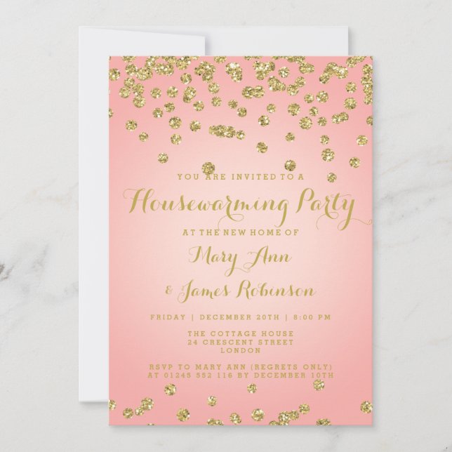 Invitación Confetti, Purpurina rosado y dorado de Rubor, que  (Anverso)