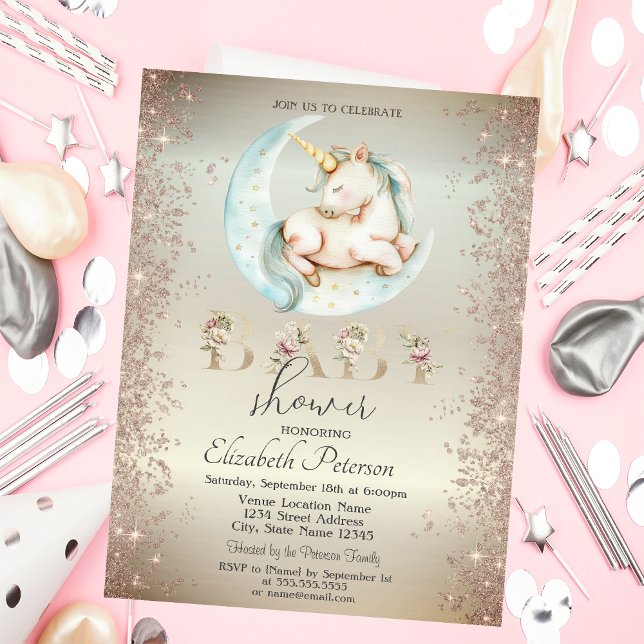 Invitación Confetti Purpurina unicornio Moon Gold Baby Shower (Subido por el creador)