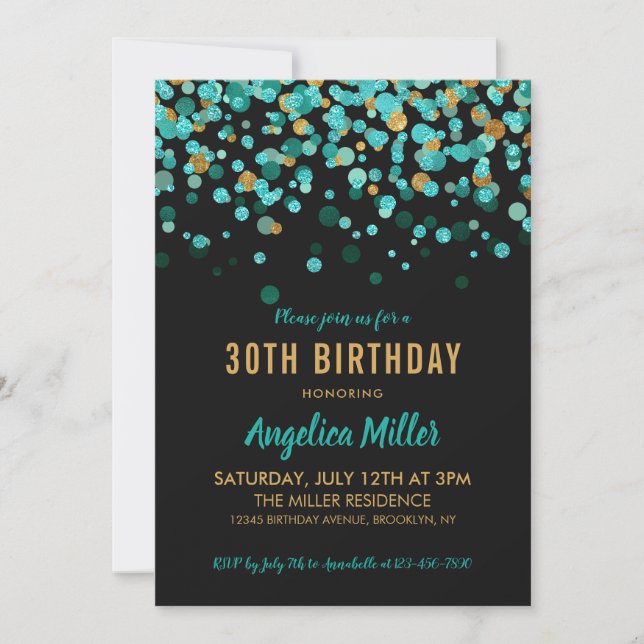 Invitación Confetti Purpurina Verde azulado de oro negro mode (Anverso)