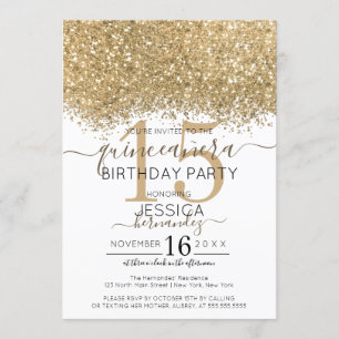 Invitación Confetti Quinceañera, Purpurina blanco de oro de l