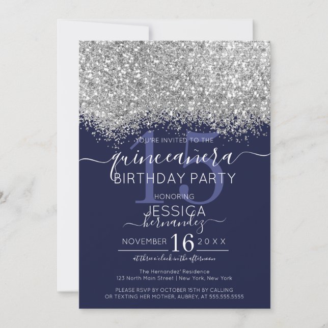 Invitación Confetti Quinceañera, Purpurina de la marina de lu (Anverso)