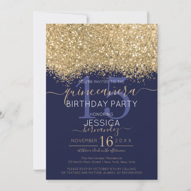 Invitación Confetti Quinceañera, Purpurina de la Marina de Or (Anverso)