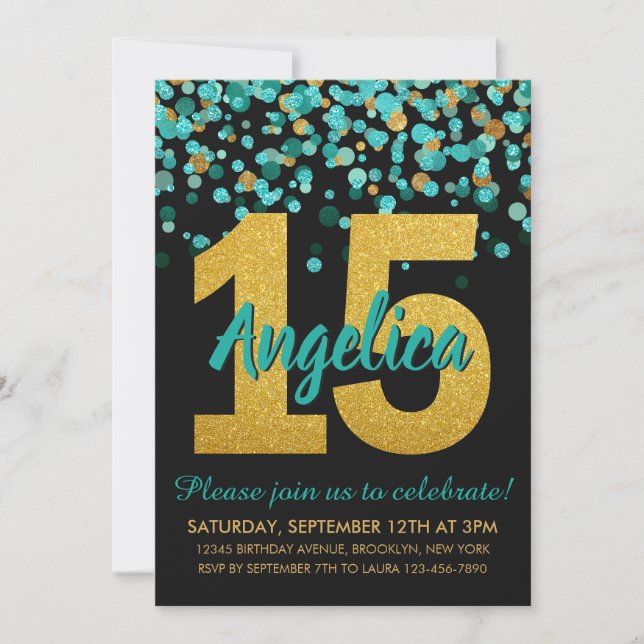 Invitación Confetti Quinceañera, Purpurina de oro verde azula (Anverso)