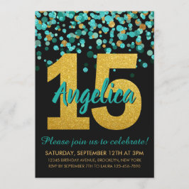 Invitación Confetti Quinceañera, Purpurina de oro verde azula