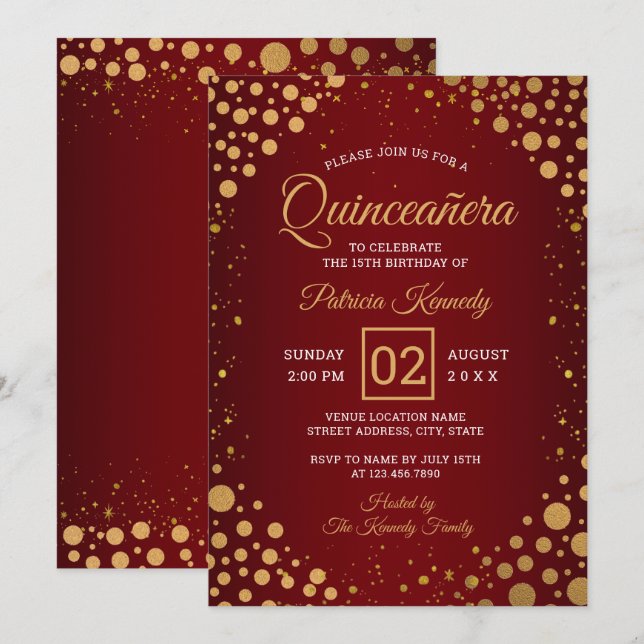 Invitación Confetti Quinceanera, Purpurina Rojo Y Oro (Anverso / Reverso)