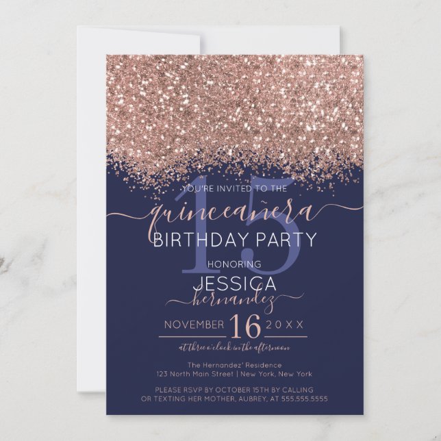 Invitación Confetti Quinceañera, Rosa de moda Purpurina de la (Anverso)