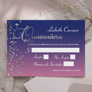 Invitación Confetti Quinceanera RSVP de Plata Azul Púrpura Ro
