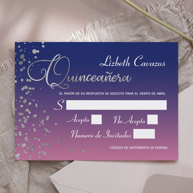 Invitación Confetti Quinceanera RSVP de Plata Azul Púrpura Ro (Subido por el creador)