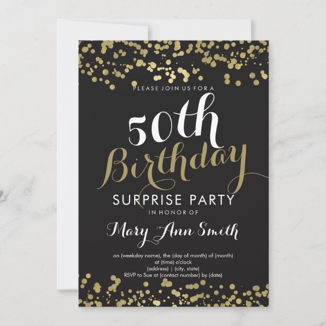 Invitación Confetti Relieve metalizado dorado de cumpleaños n (Anverso)
