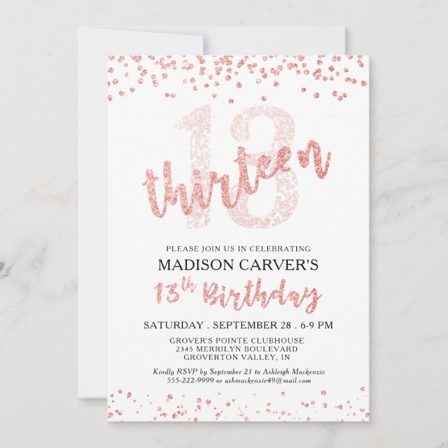 Invitación Confetti, Rosa de oro de Girly 13 años, Purpurina  (Anverso)